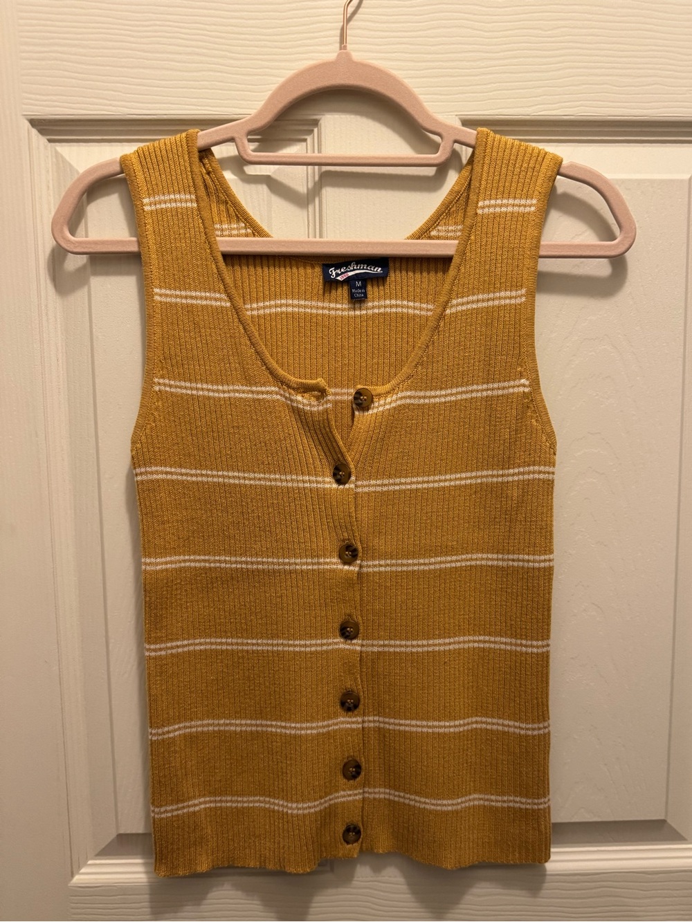 Freshman Mustard Stripe Knit Button-Front Tank Top